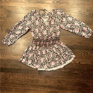 LoveShackFancy Long Sleeved Black and Pink Floral Mini dress